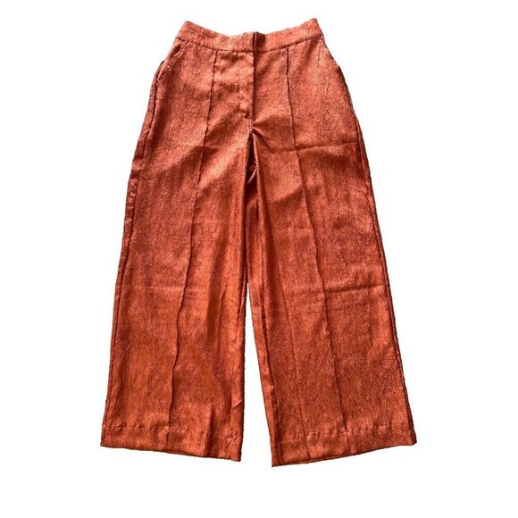 House Of Harlow 1960 Orange Rust High Waist Wide Leg Satin Crinkle Trousers M - Picture 1 of 9